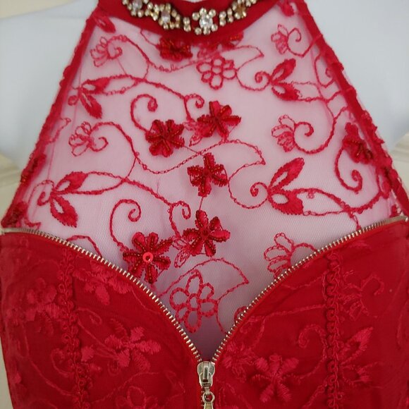 Lydia Red Crystal Beaded Lacy  Halter Top Large - Picture 3 of 10